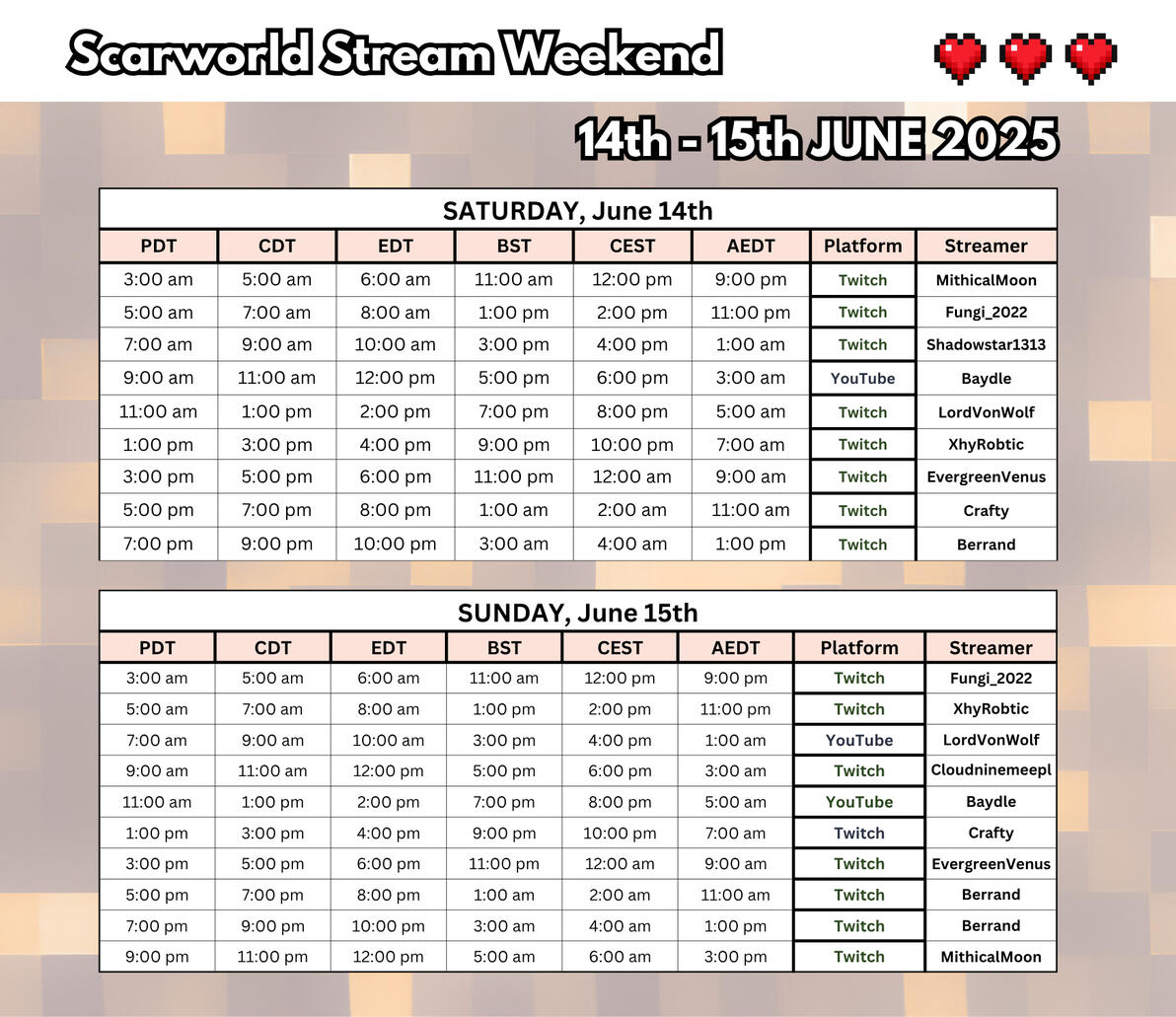 June 2025 Schedule for the upcoming Scarworld SMP stream weekend from the 14th - 15th June 2025. Starting at 10:00 am BST.