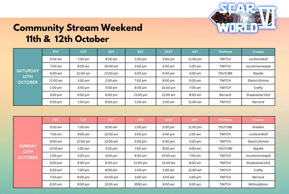 October 2025 Schedule for the upcoming Scarworld SMP stream weekend from the 11th - 12th October 2025. Starting at 13:00 BST.