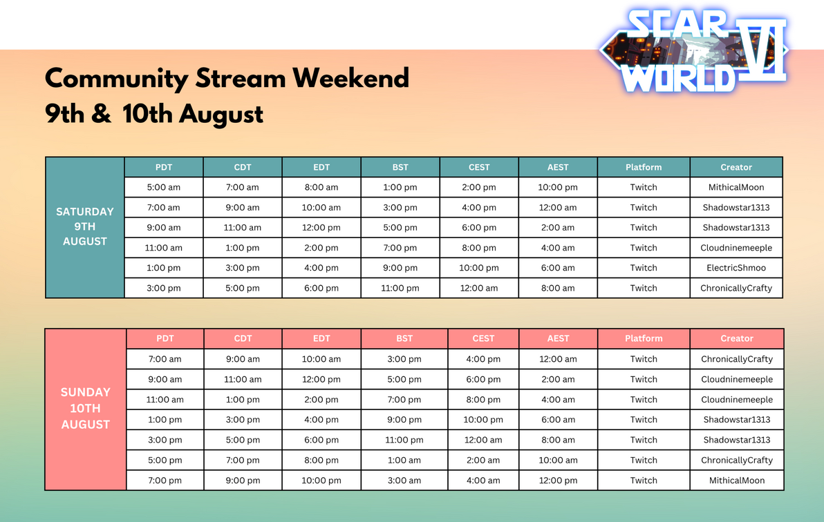 August 2025 Schedule for the upcoming Scarworld SMP stream weekend from the 9th - 10th August 2025. Starting at 13:00 BST.